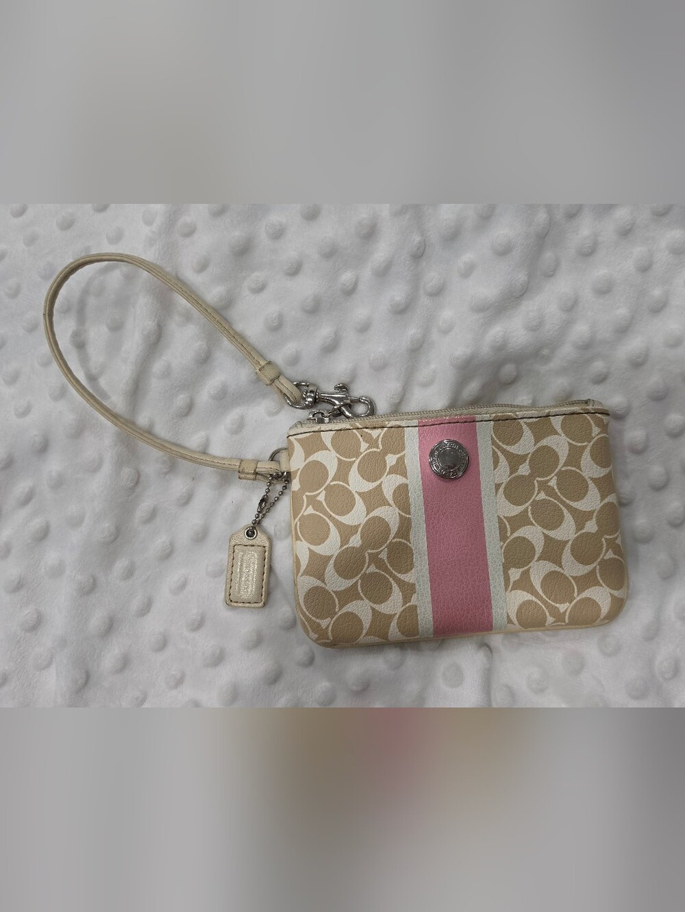 Coach Beige Signature Canvas Wristlet with Pink Center Stripe